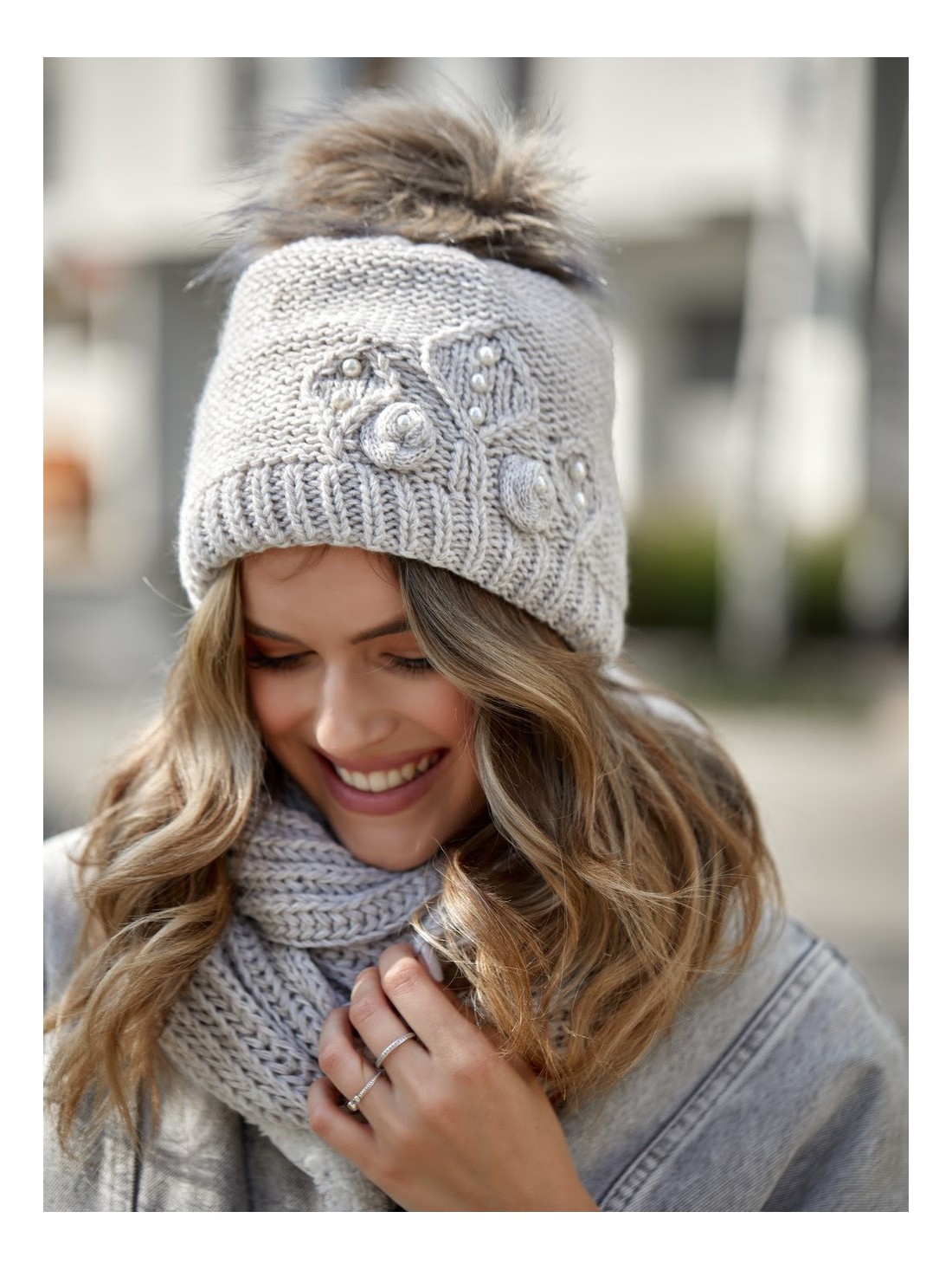 Beaded hat with a neck warmer for winter, beige C50 - Online store - Boutique